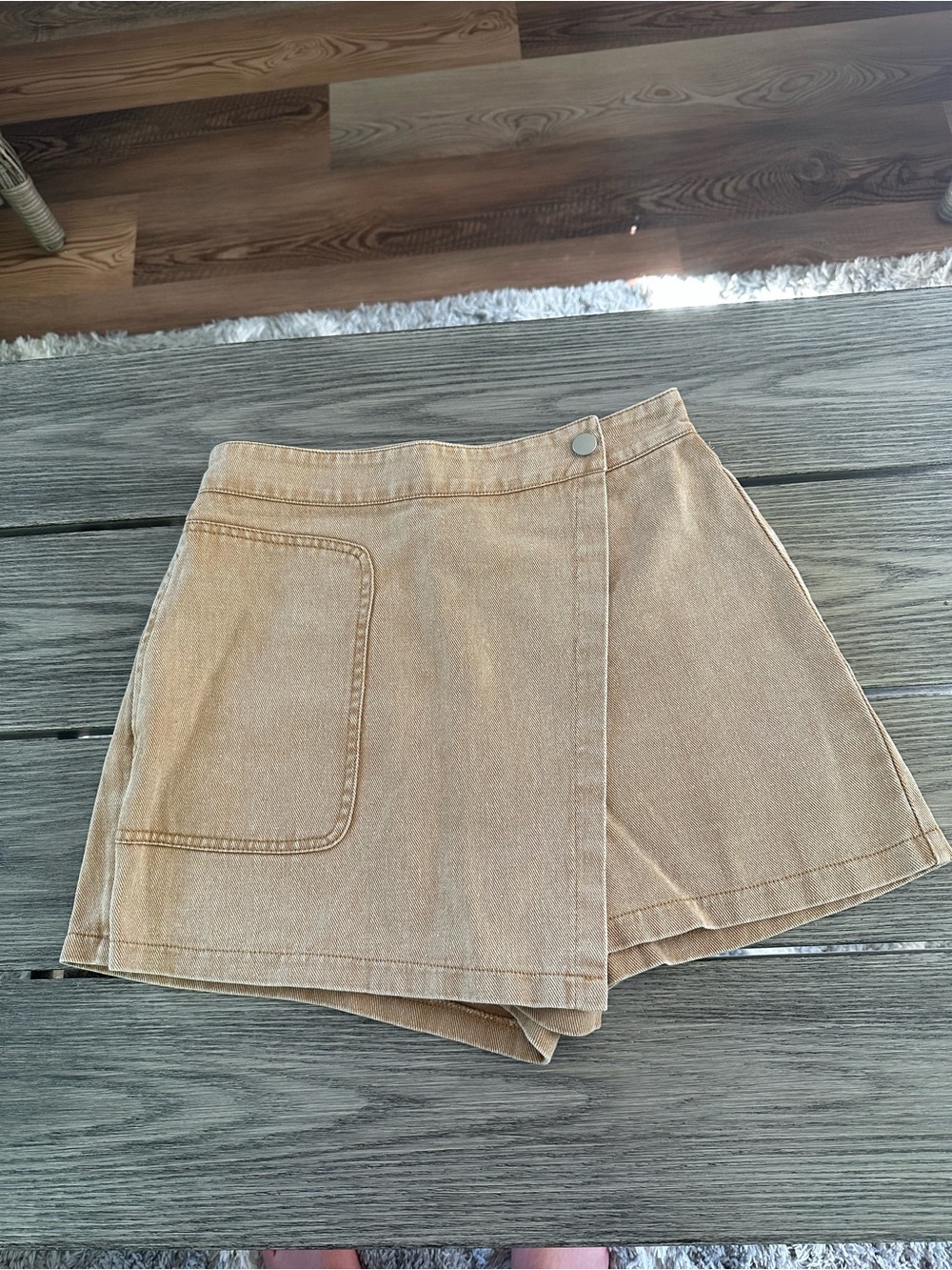 Tan Wrap-Style Mini Skort with Front Patch Pocket